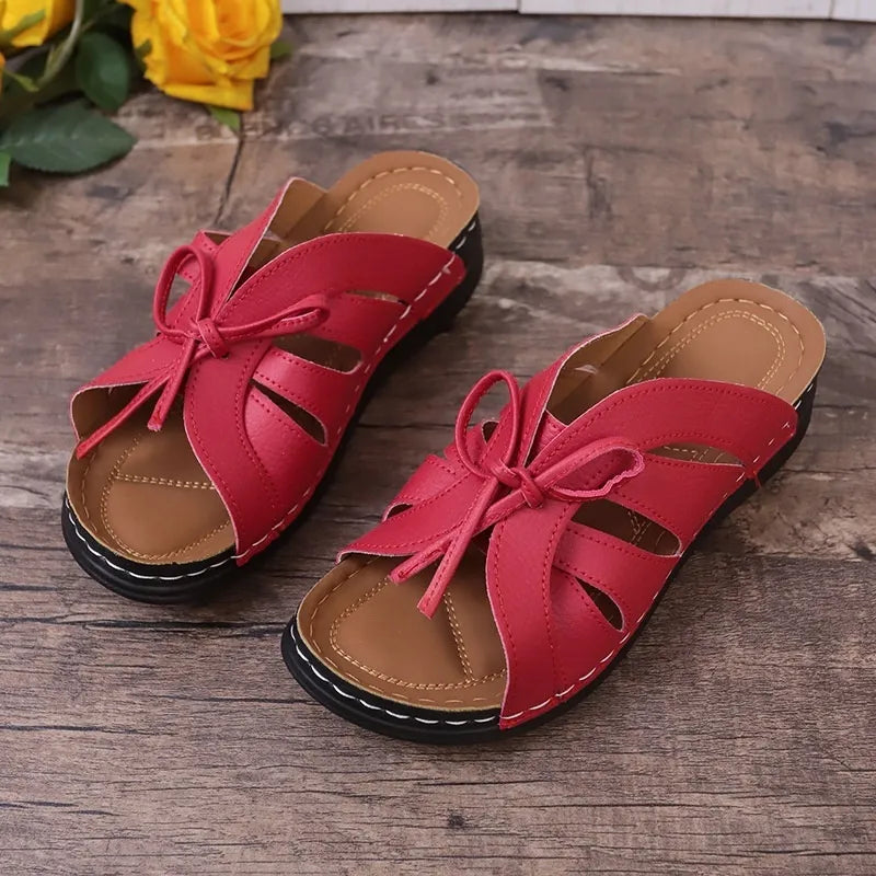 Damen Wedge Sandalen ⎜ Bequeme Schuhe mit Schleifen-Design und luftigen Ausschnitten