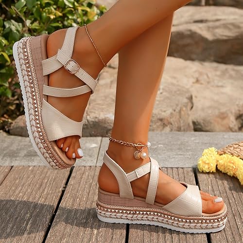 Damen Plateausandalen ⎜ Bequeme Sommerschuhe mit Verstellbarem Riemen und Stylischer Bastsohle
