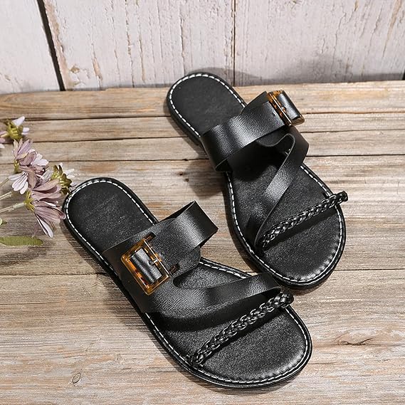 Damen Flache Slipper ⎜ Bequeme Sommerschuhe mit Geflochtenem Riemen und Verstellbarer Schnalle