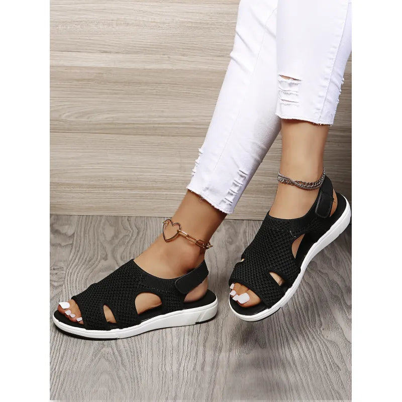 Damen Flachsandalen ⎜ Bequeme Schuhe mit atmungsaktivem Netzgewebe und modischen Details
