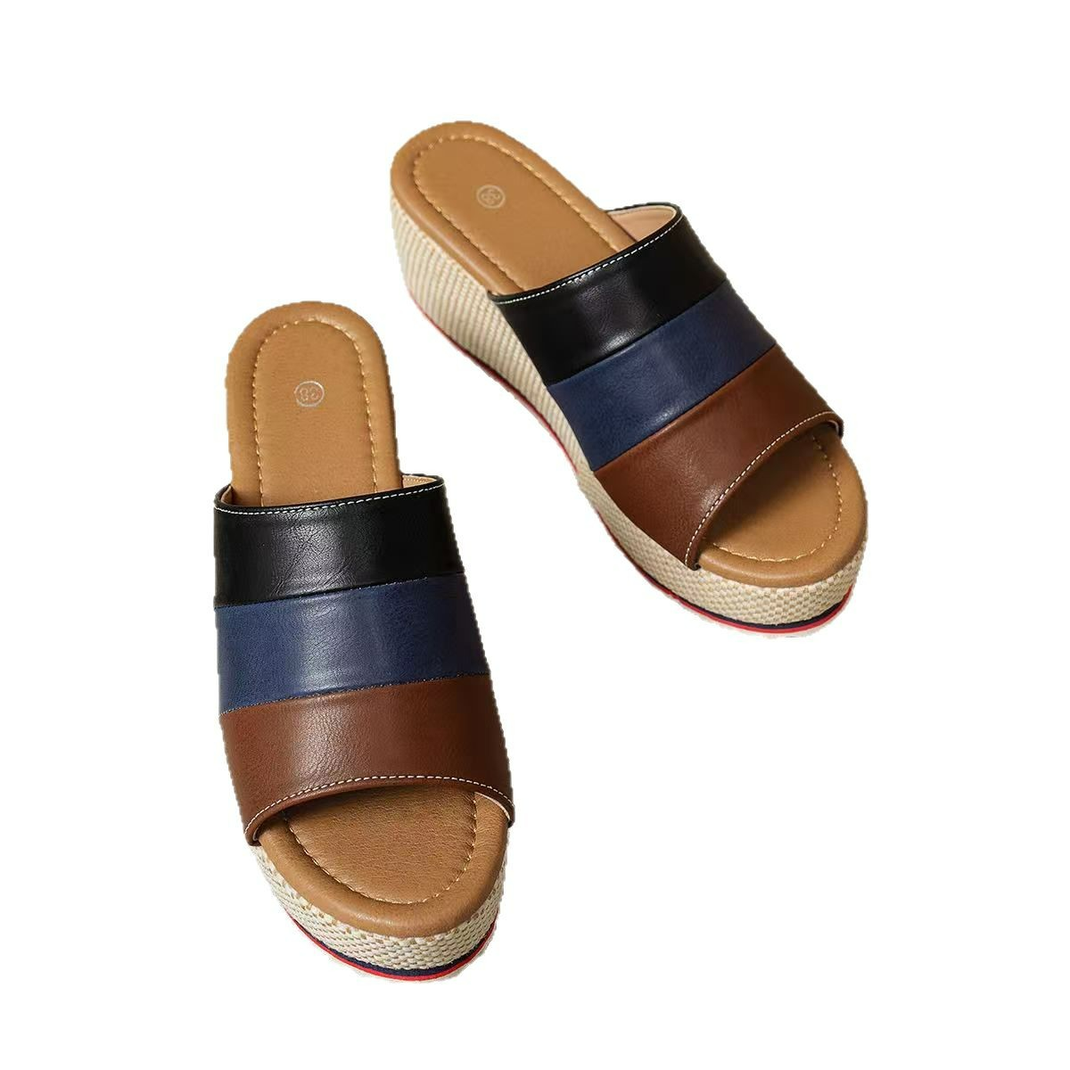 Damen Wedge Sandalen mit Block-Absatz ⎜ Komfortable Plateauslipper mit Farbblock-Design und Riemen