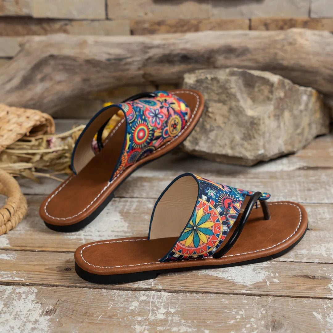 Zehentrenner-Sandalen für Damen ⎜ Atmungsaktive Sommerschuhe mit Buntem Print und Bequemer Laufsohle