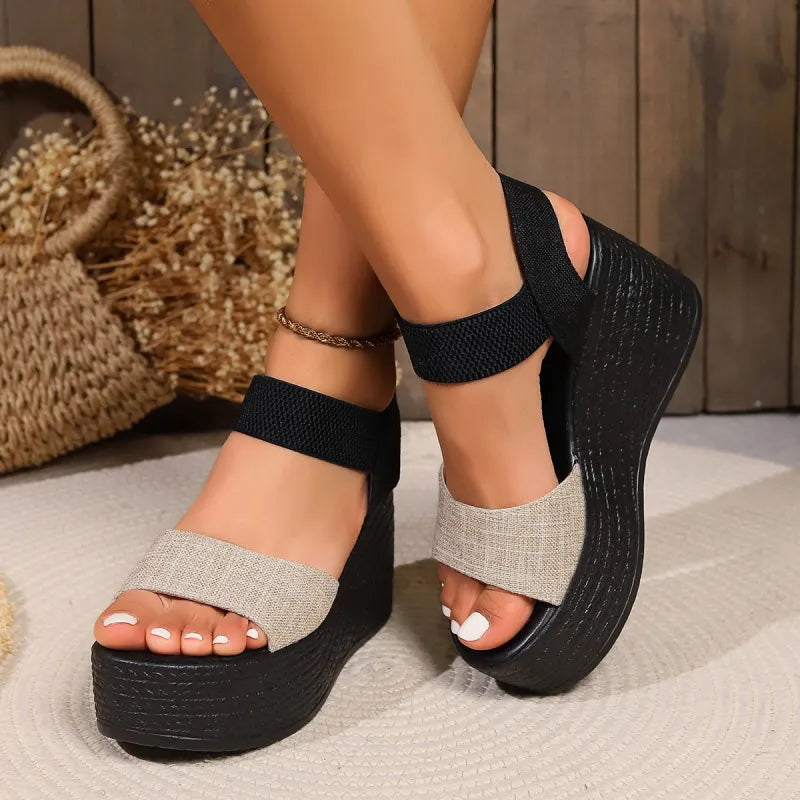 Damen Plateau Sandalen ⎜ Bequeme Sommerschuhe mit Elastischen Riemen und Hohem Keilabsatz