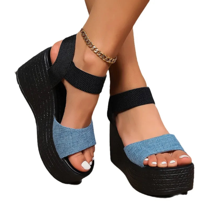 Damen Plateau Sandalen ⎜ Bequeme Sommerschuhe mit Elastischen Riemen und Hohem Keilabsatz