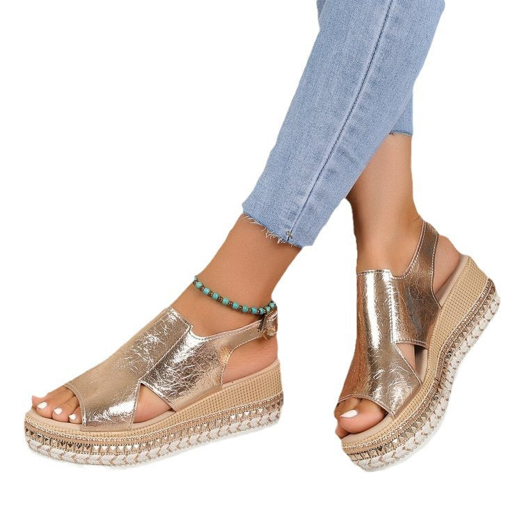 Damen Plateausandalen ⎜ Bequeme Sommerschuhe mit Bastsohle und Offener Zehenpartie für Alltag & Freizeit