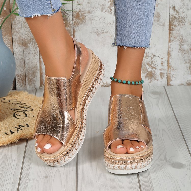 Damen Plateausandalen ⎜ Bequeme Sommerschuhe mit Bastsohle und Offener Zehenpartie für Alltag & Freizeit