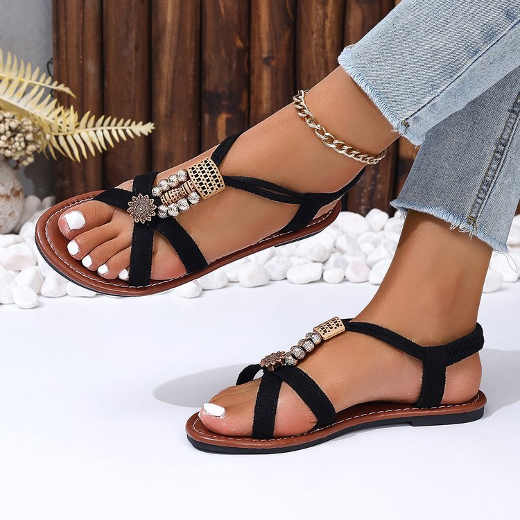 Damen Sandalen mit Schmuckdetails ⎜ Bequeme Sommerschuhe mit elastischem Riemen und Metallelementen