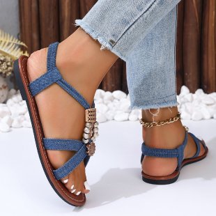 Damen Sandalen mit Schmuckdetails ⎜ Bequeme Sommerschuhe mit elastischem Riemen und Metallelementen