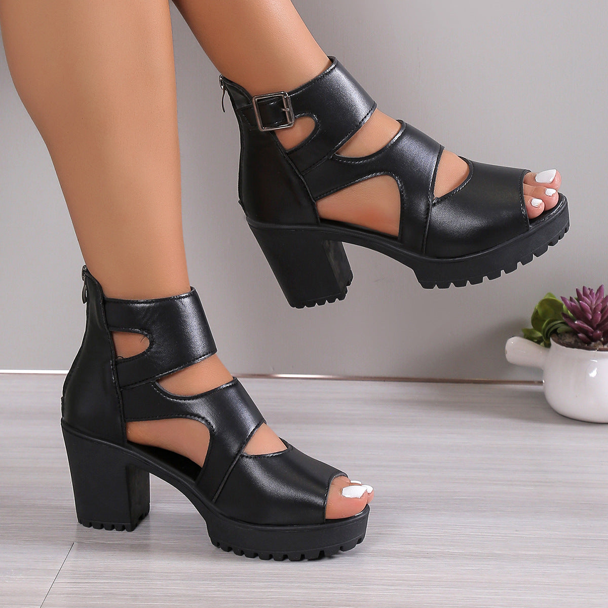 High Heel Sandalen für Damen ⎜ Modische Plateauschuhe mit Blockabsatz und Cut-Out-Design für Party & Alltag
