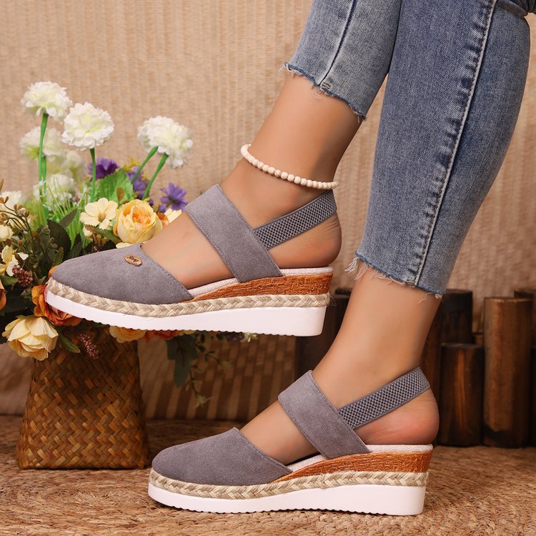 Damen Wedges mit elastischem Band ⎜ Bequeme Espadrilles mit Jute-Rohr-Details und geschlossenem Zehenbereich