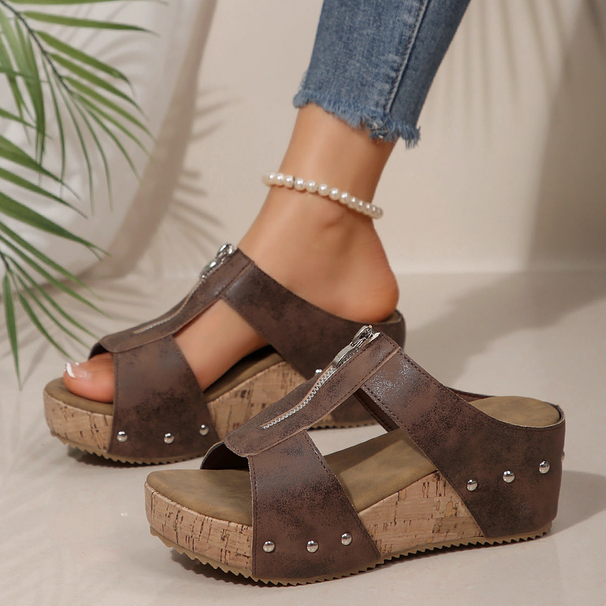 Plattform-Slipper für Damen ⎜ Bequeme Wedges mit Reißverschluss und Peeptoe für den Sommer