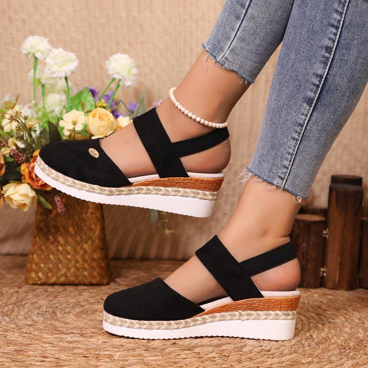 Damen Wedges mit elastischem Band ⎜ Bequeme Espadrilles mit Jute-Rohr-Details und geschlossenem Zehenbereich