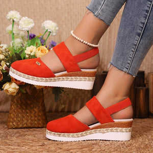 Damen Wedges mit elastischem Band ⎜ Bequeme Espadrilles mit Jute-Rohr-Details und geschlossenem Zehenbereich