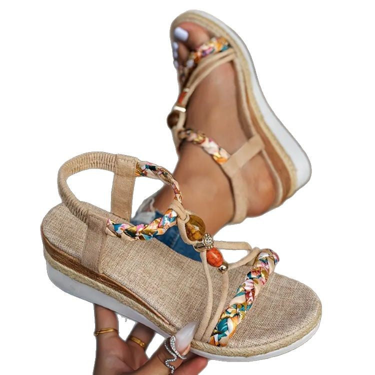 Plateau Sandalen für Damen ⎜ Sommerliche Wedges mit geflochtenem Design und elastischem Fersenriemen