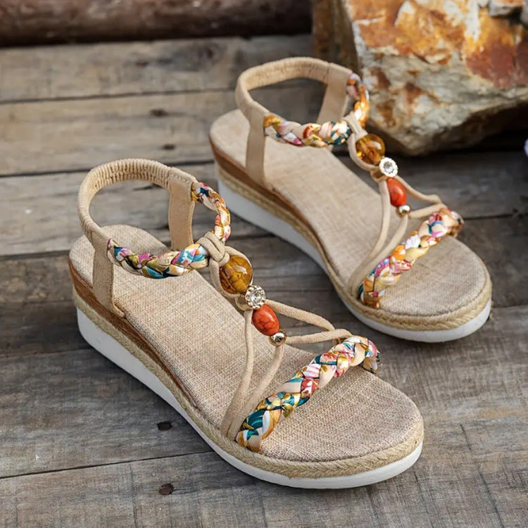 Plateau Sandalen für Damen ⎜ Sommerliche Wedges mit geflochtenem Design und elastischem Fersenriemen
