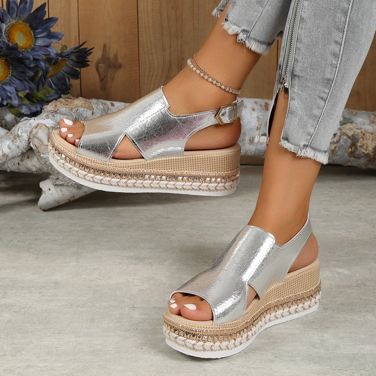Damen Plateausandalen ⎜ Bequeme Sommerschuhe mit Bastsohle und Offener Zehenpartie für Alltag & Freizeit