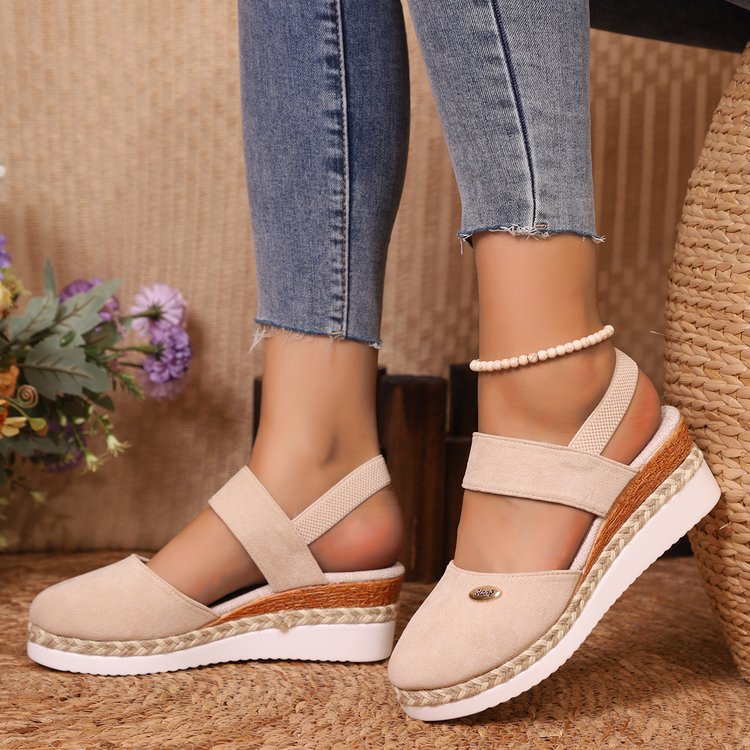 Damen Wedges mit elastischem Band ⎜ Bequeme Espadrilles mit Jute-Rohr-Details und geschlossenem Zehenbereich