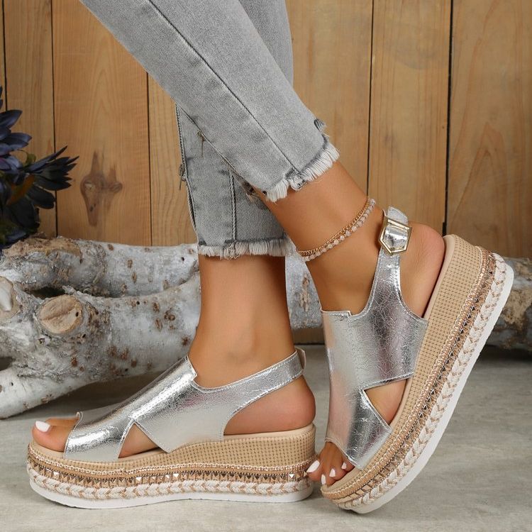 Damen Plateausandalen ⎜ Bequeme Sommerschuhe mit Bastsohle und Offener Zehenpartie für Alltag & Freizeit