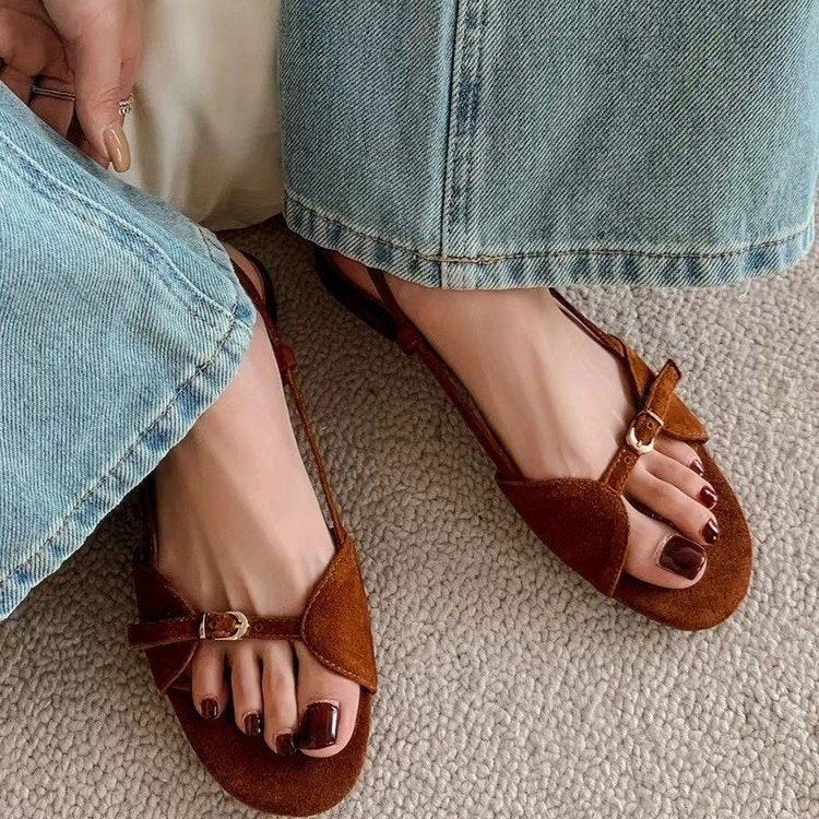 Flache Sandalen für Damen ⎜ Bequeme Sommerschuhe mit runder Spitze und verstellbarem Riemchen