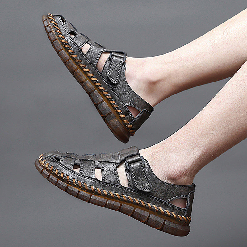 Herren Sandalen ⎜ Bequeme Leder-Schuhe im Retro-Design mit verstellbarem Riemen für den Sommer