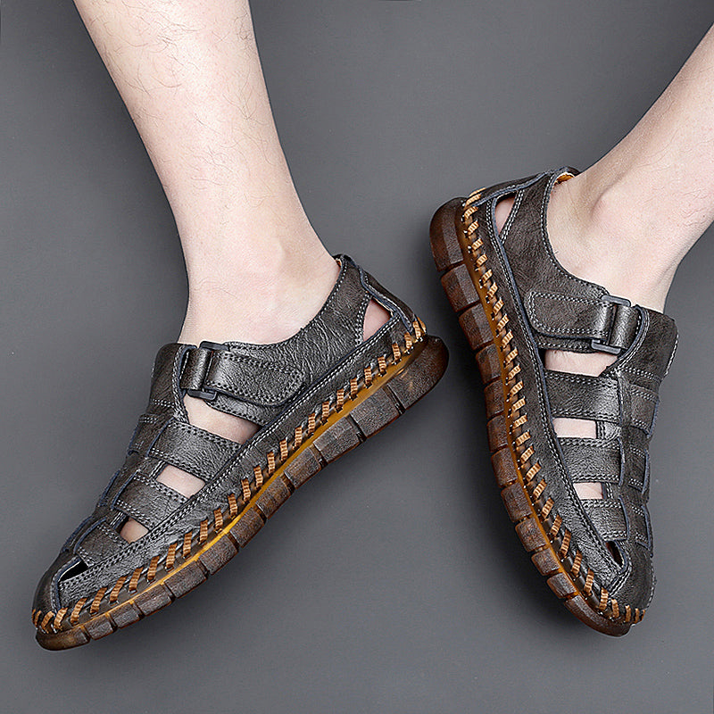 Herren Sandalen ⎜ Bequeme Leder-Schuhe im Retro-Design mit verstellbarem Riemen für den Sommer