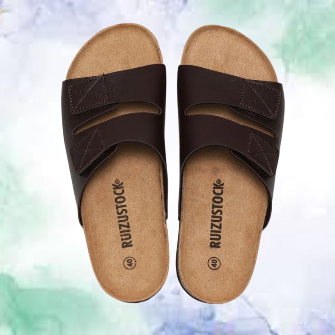 Herren Kork-Slipper ⎜ Bequeme Sandalen mit verstellbarem Klettverschluss für optimalen Halt