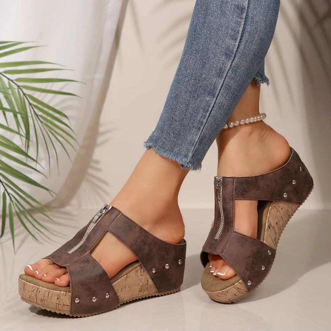 Plattform-Slipper für Damen ⎜ Bequeme Wedges mit Reißverschluss und Peeptoe für den Sommer