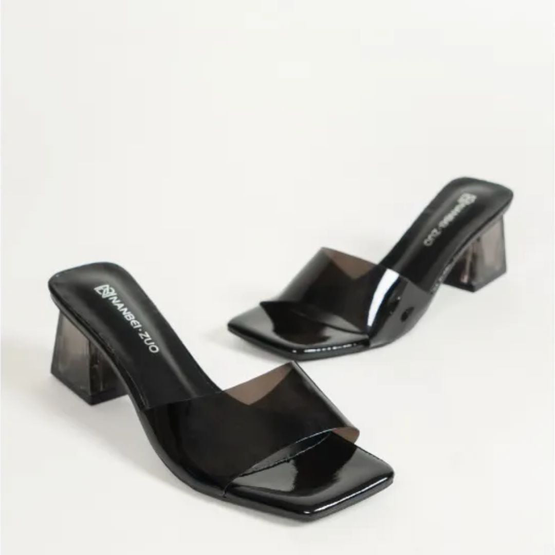 Damen Slip-on Sandalen ⎜ Elegante Sommerschuhe mit Transparentem Blockabsatz und Breiten Riemen