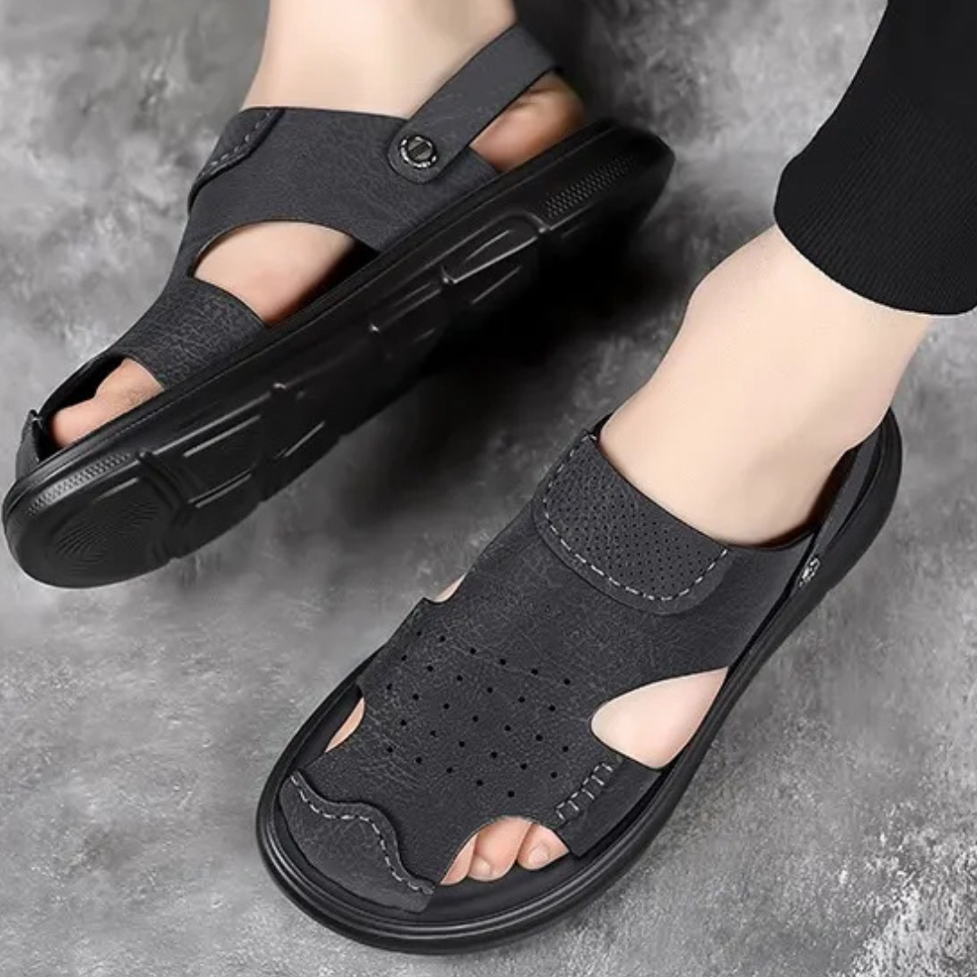 Herren Sandalen ⎜ Bequeme Leder-Schuhe mit verstellbarem Riemen und rutschfester Sohle für den Sommer