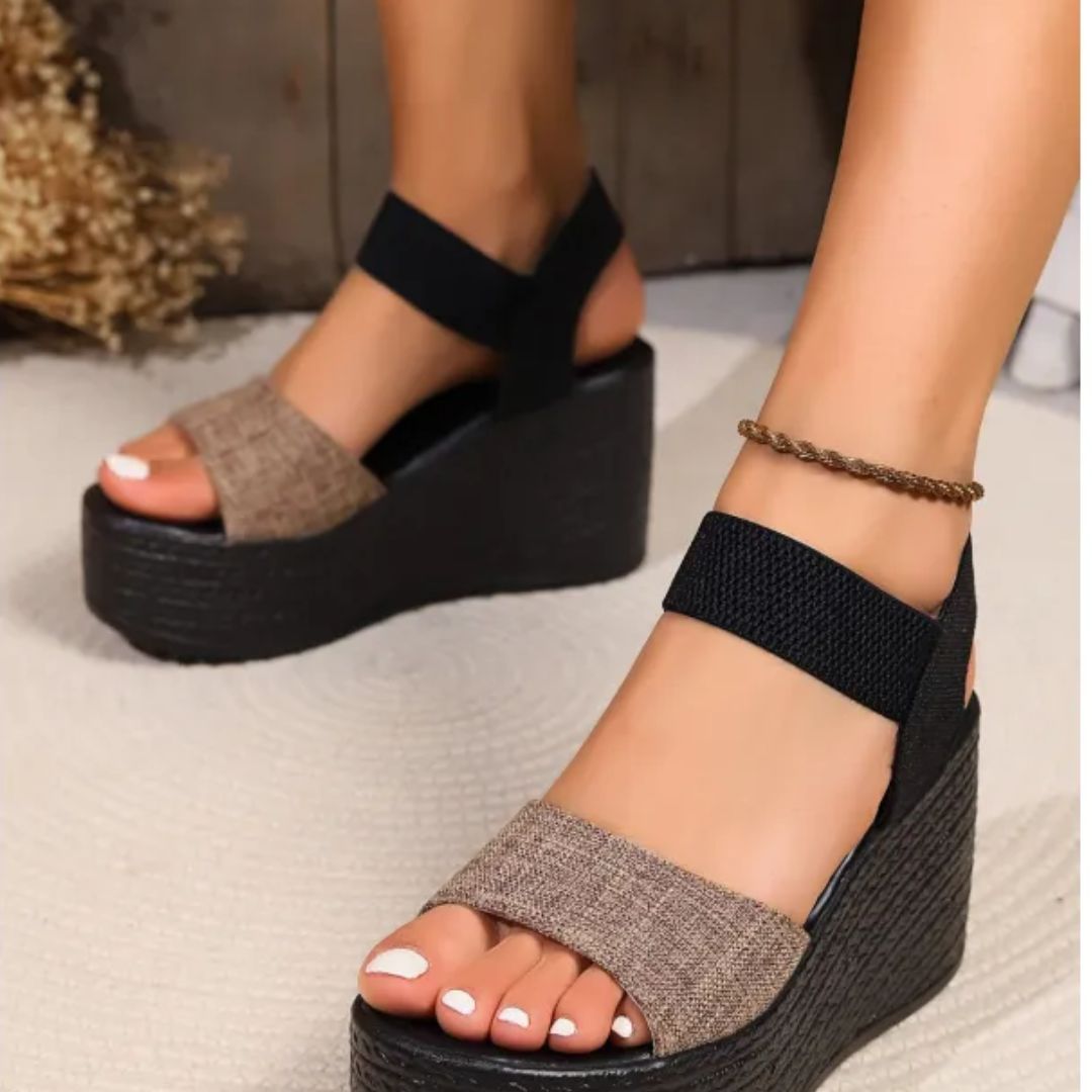 Damen Plateau Sandalen ⎜ Bequeme Sommerschuhe mit Elastischen Riemen und Hohem Keilabsatz