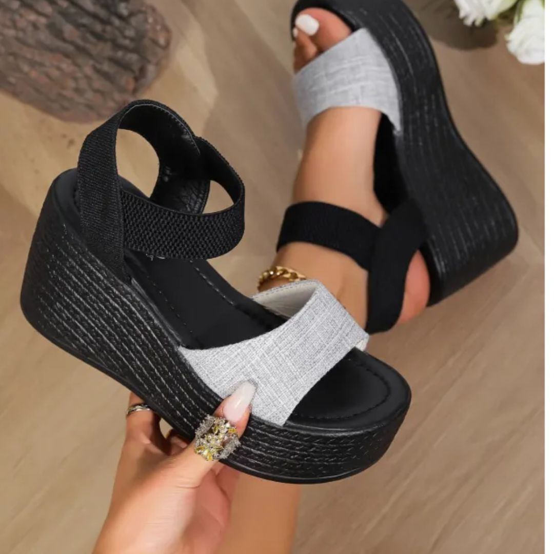 Damen Plateau Sandalen ⎜ Bequeme Sommerschuhe mit Elastischen Riemen und Hohem Keilabsatz
