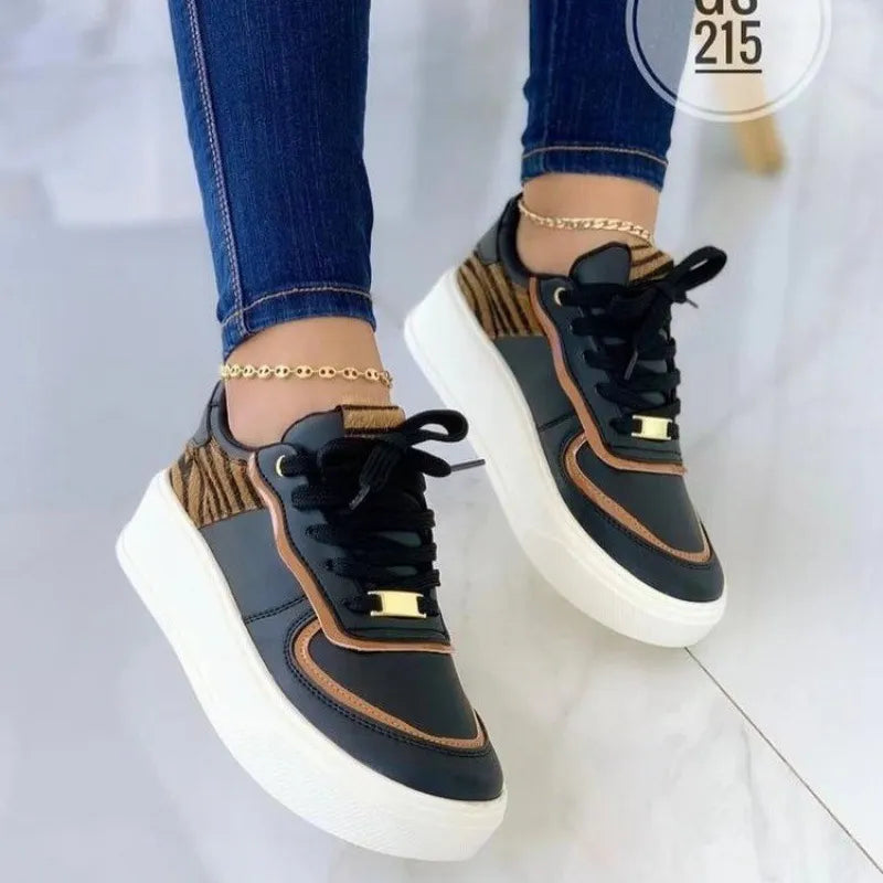Damen Sneakers ⎜ Modische Schnürschuhe mit Leopardenmuster und dickem Sohlenprofil für den Alltag