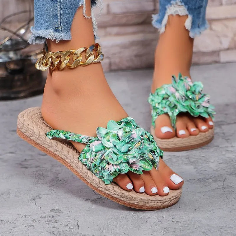 Bunte Damen Flip-Flops ⎜ Komfortable Sommerschuhe mit Blumenapplikationen und Geflochtenem Design