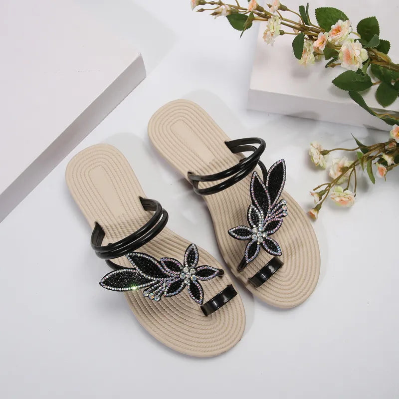 Damen Zehensandalen mit Blattverzierung ⎜ Rutschfeste Sommerschuhe für Strand, Urlaub und Alltag