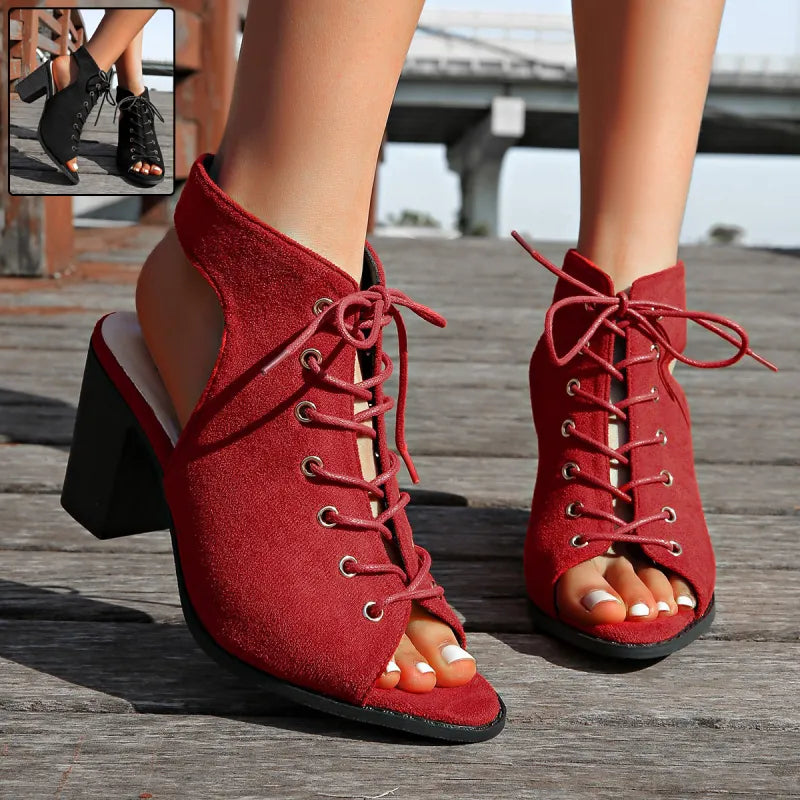 Damen Schnürsandalen mit Blockabsatz ⎜ Modische Sommerschuhe mit offener Spitze und bequemer Passform