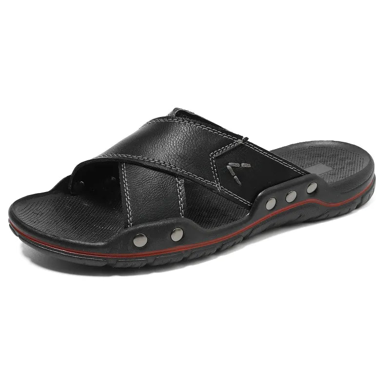 Herren Outdoor-Slipper ⎜ Bequeme Sandalen aus Rindsleder mit rutschfester Sohle für den Sommer