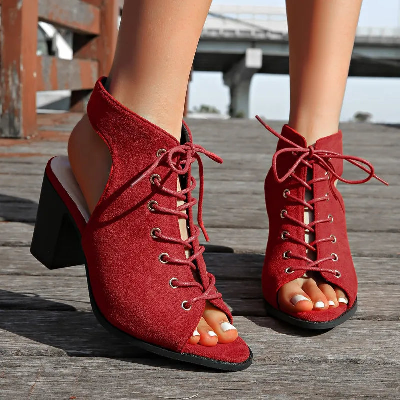Damen Schnürsandalen mit Blockabsatz ⎜ Modische Sommerschuhe mit offener Spitze und bequemer Passform