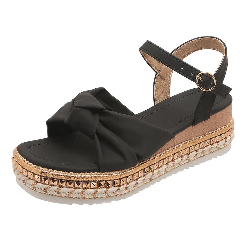 Damen Plateau-Sandalen ⎜ Bequeme Sommerschuhe mit Schleife und Verstellbarem Riemen für Alltag & Urlaub