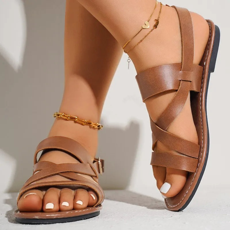 Damen Sandalen mit Kreuzriemen ⎜ Bequeme Sommerschuhe mit Knöchelriemen und rutschfester Sohle für jeden Tag