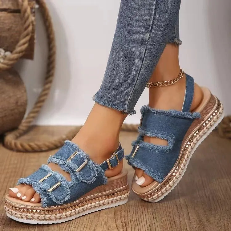 Damen Plateau Sandalen mit Doppel-Schnalle ⎜ Stylische Sommerschuhe im Retro Look für Strand und Freizeit