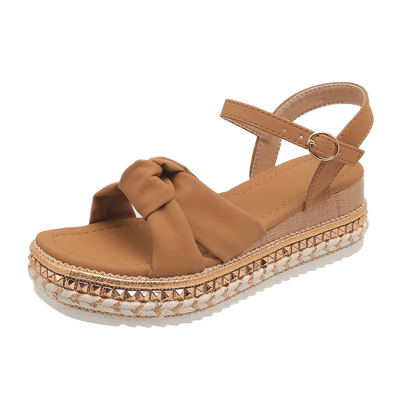 Damen Plateau-Sandalen ⎜ Bequeme Sommerschuhe mit Schleife und Verstellbarem Riemen für Alltag & Urlaub