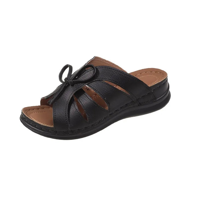 Damen Wedge Sandalen ⎜ Bequeme Schuhe mit Schleifen-Design und luftigen Ausschnitten