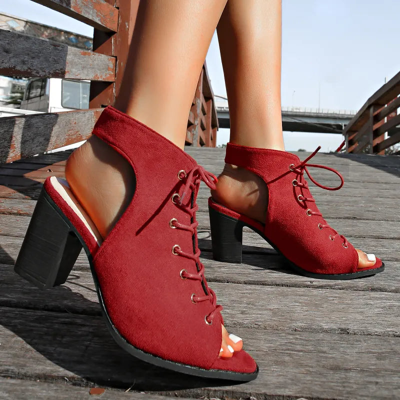 Damen Schnürsandalen mit Blockabsatz ⎜ Modische Sommerschuhe mit offener Spitze und bequemer Passform