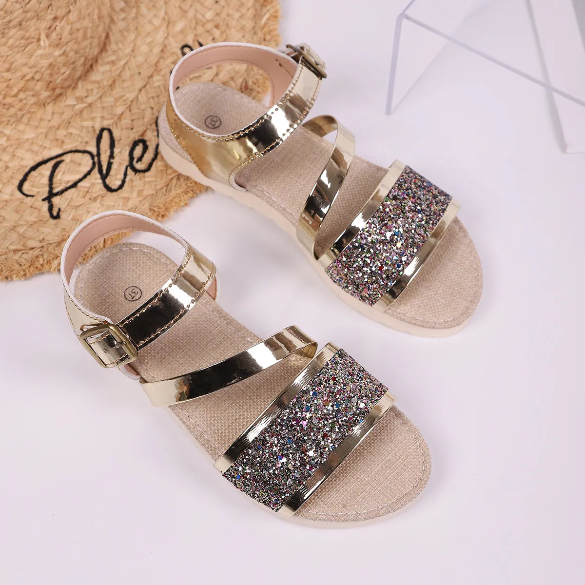 Damen Plateau Sandalen ⎜ Modische Schuhe mit Glitzer-Details und verstellbarem Schnallenriemen