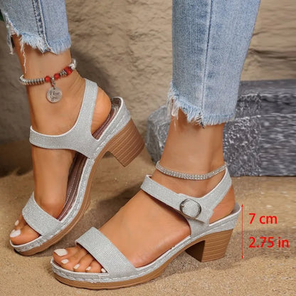 Sandalen mit Blockabsatz für Damen ⎜ Offene Sommerschuhe mit Schnalle und bequemer rutschfester Sohle
