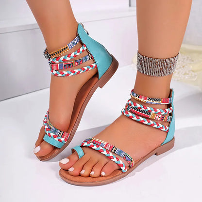 Flache Sandalen für Damen ⎜ Ethnischer Stil mit bunten Flechtriemen und Reißverschluss