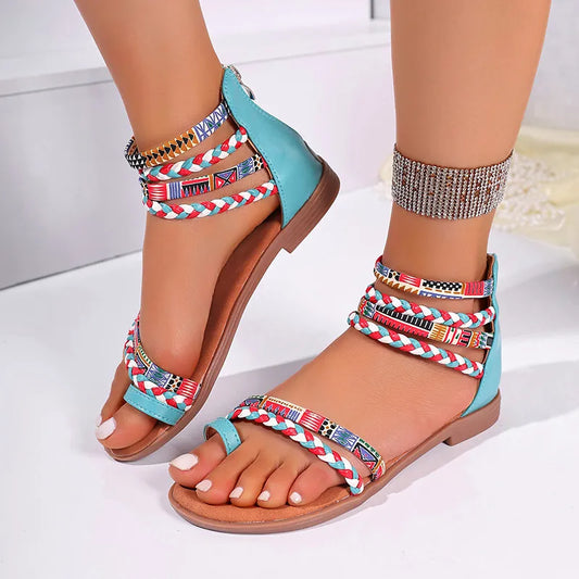 Flache Sandalen für Damen ⎜ Ethnischer Stil mit bunten Flechtriemen und Reißverschluss