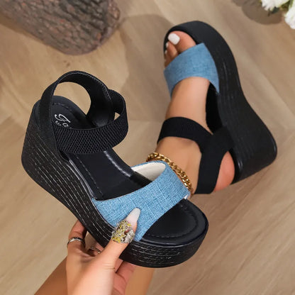 Damen Plateau Sandalen ⎜ Bequeme Sommerschuhe mit Elastischen Riemen und Hohem Keilabsatz