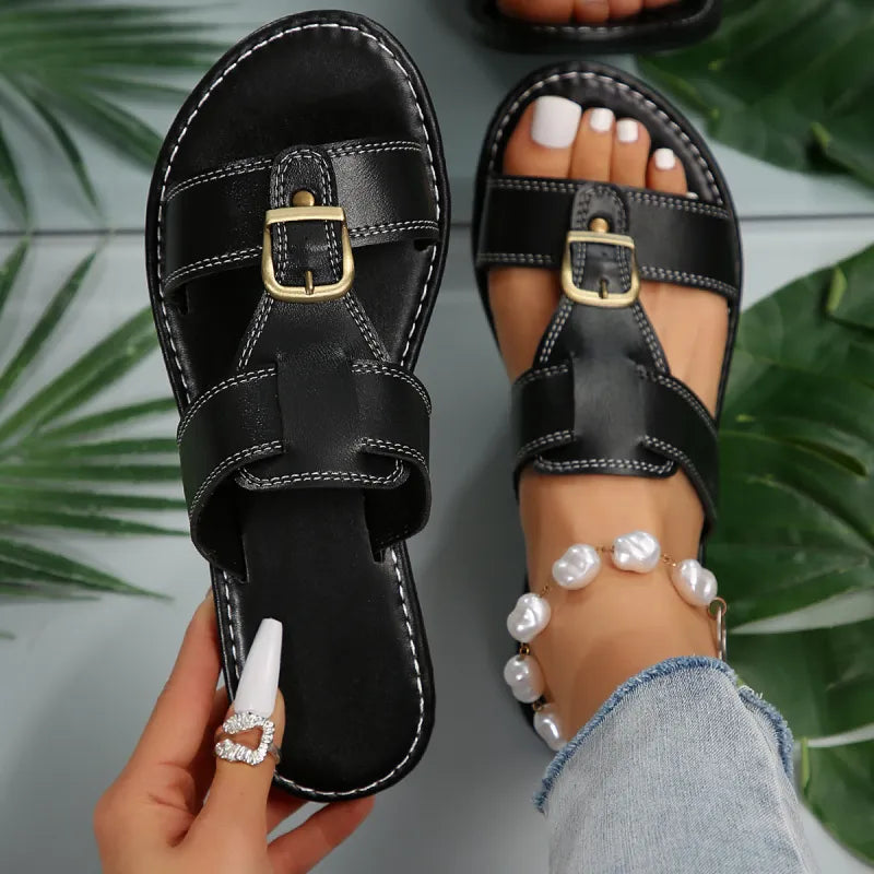 Flache Sandalen für Damen ⎜ Bequeme Schuhe mit quadratischer Schnalle und anpassbarem Riemen