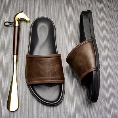 Herren Slipper aus echtem Leder ⎜Bequeme Sommer-Sandalen mit rutschfester Sohle für Outdoor-Aktivitäten